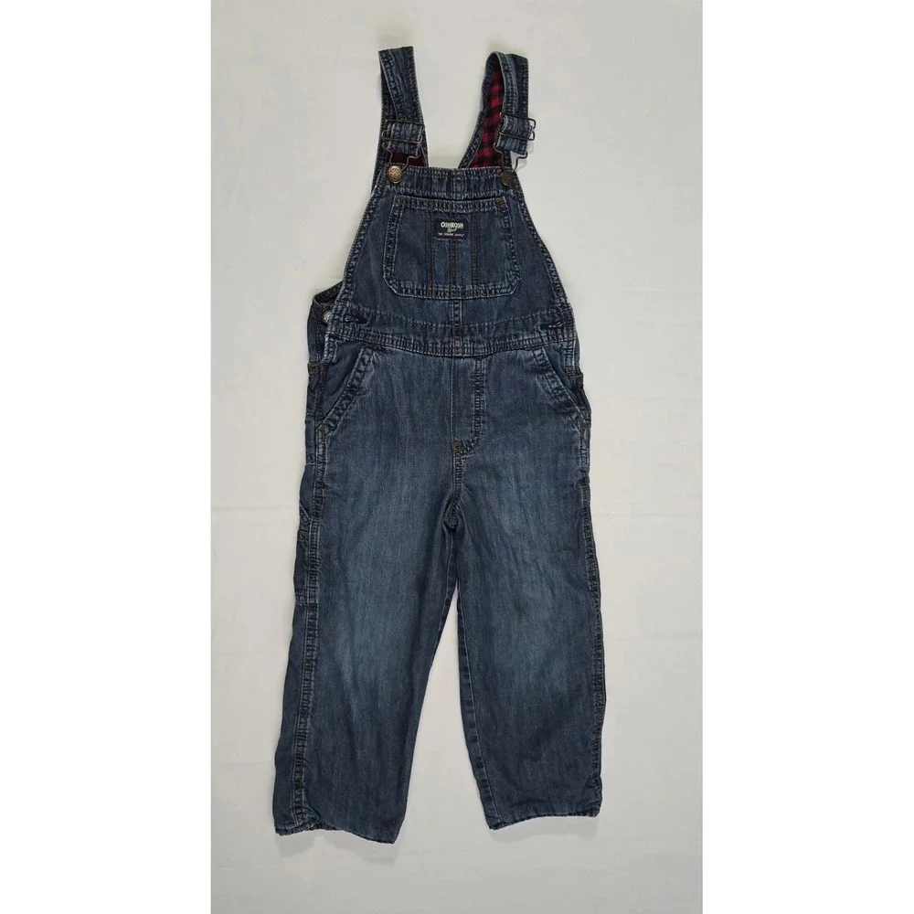 OshKosh Bgosh Boys 5T Flannel Lined Denim Overall BuffaloPlaid Blue Red 21602610